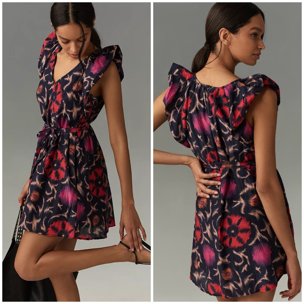 Velvet by Graham & Spencer Navy Floral Print Ruffled Sleeve Dress